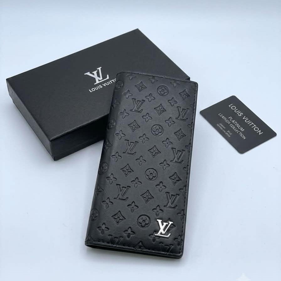 V Style Long Leather Wallet For Men | Embossed Monogram | Bi-Fold Long Purse | With Premium Box & Authenticity Card | Black
